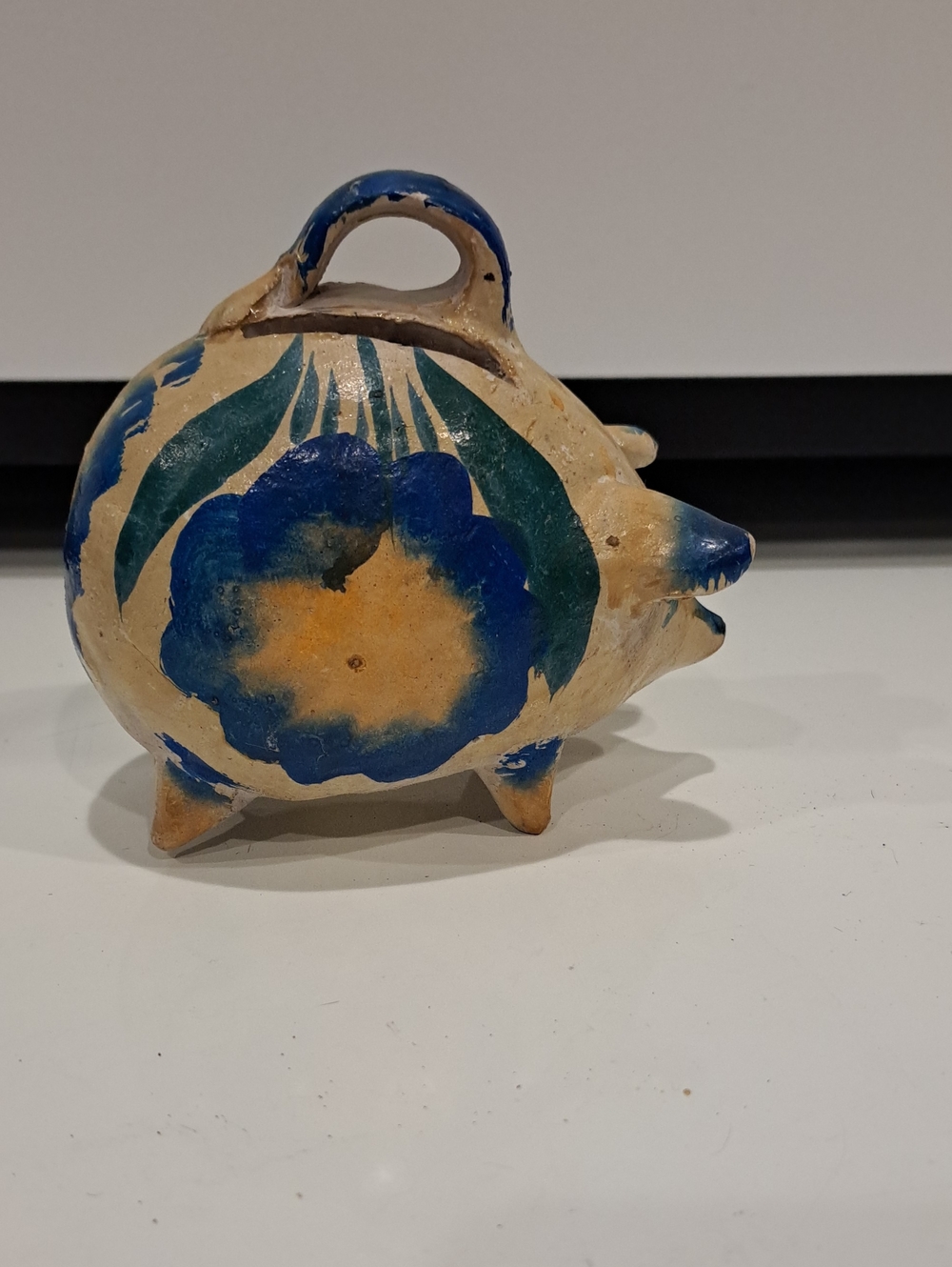 Vtg Mex Handcrafted Pottery Piggy Bank. Floral Pattern 5"